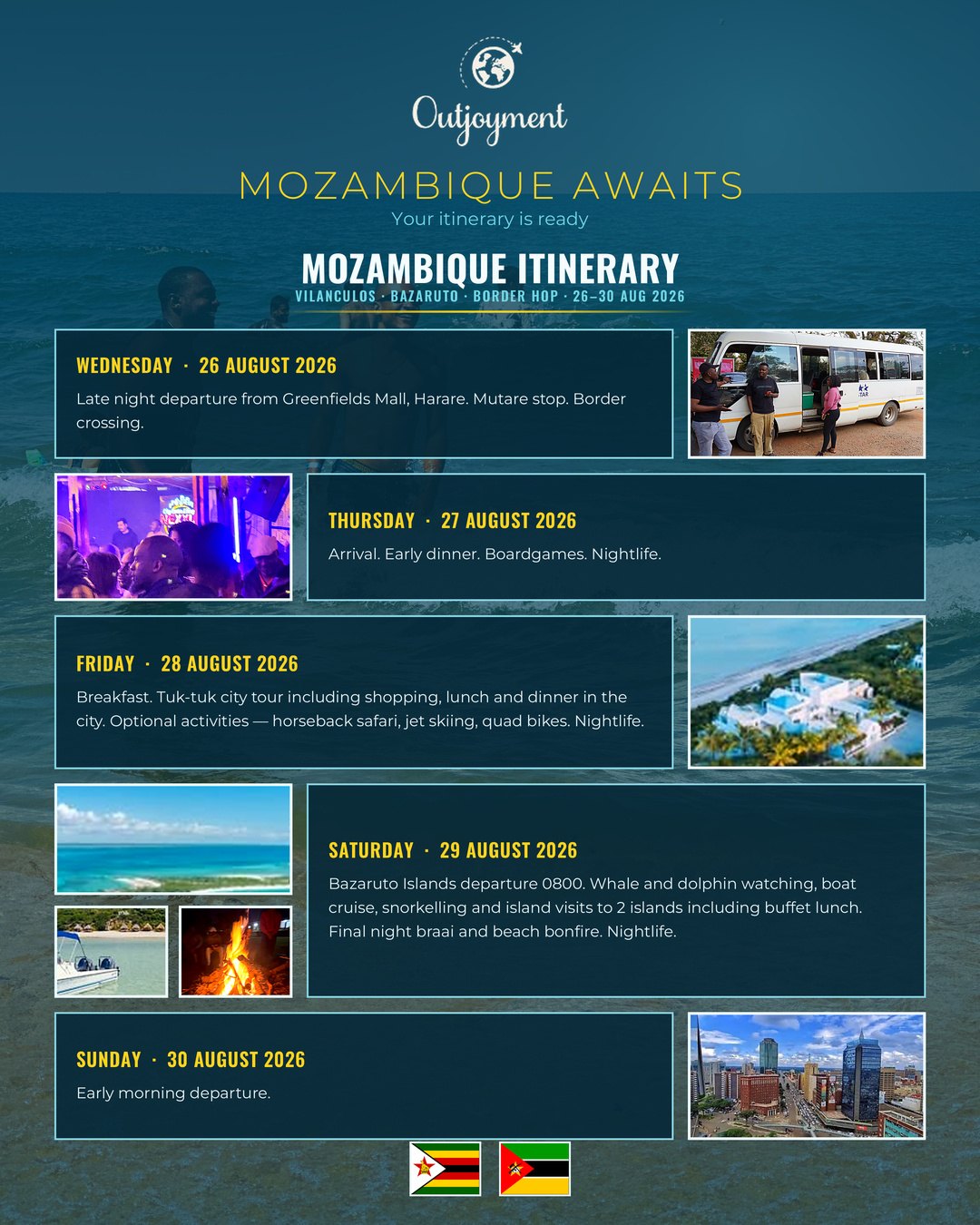 Outjoyment Mozambique itinerary, Vilanculos and Bazaruto border hop, 26 to 30 August 2026