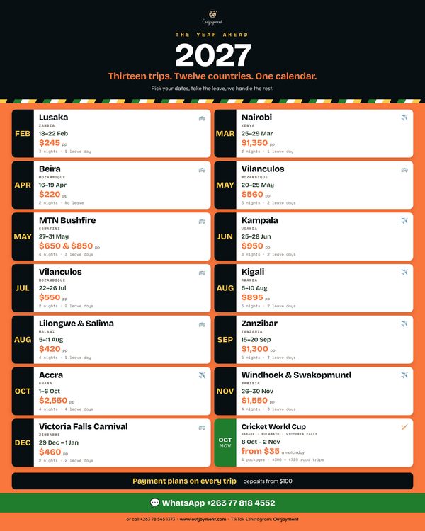The whole Outjoyment 2027 calendar on one page &mdash; twelve trips with dates, prices and leave days